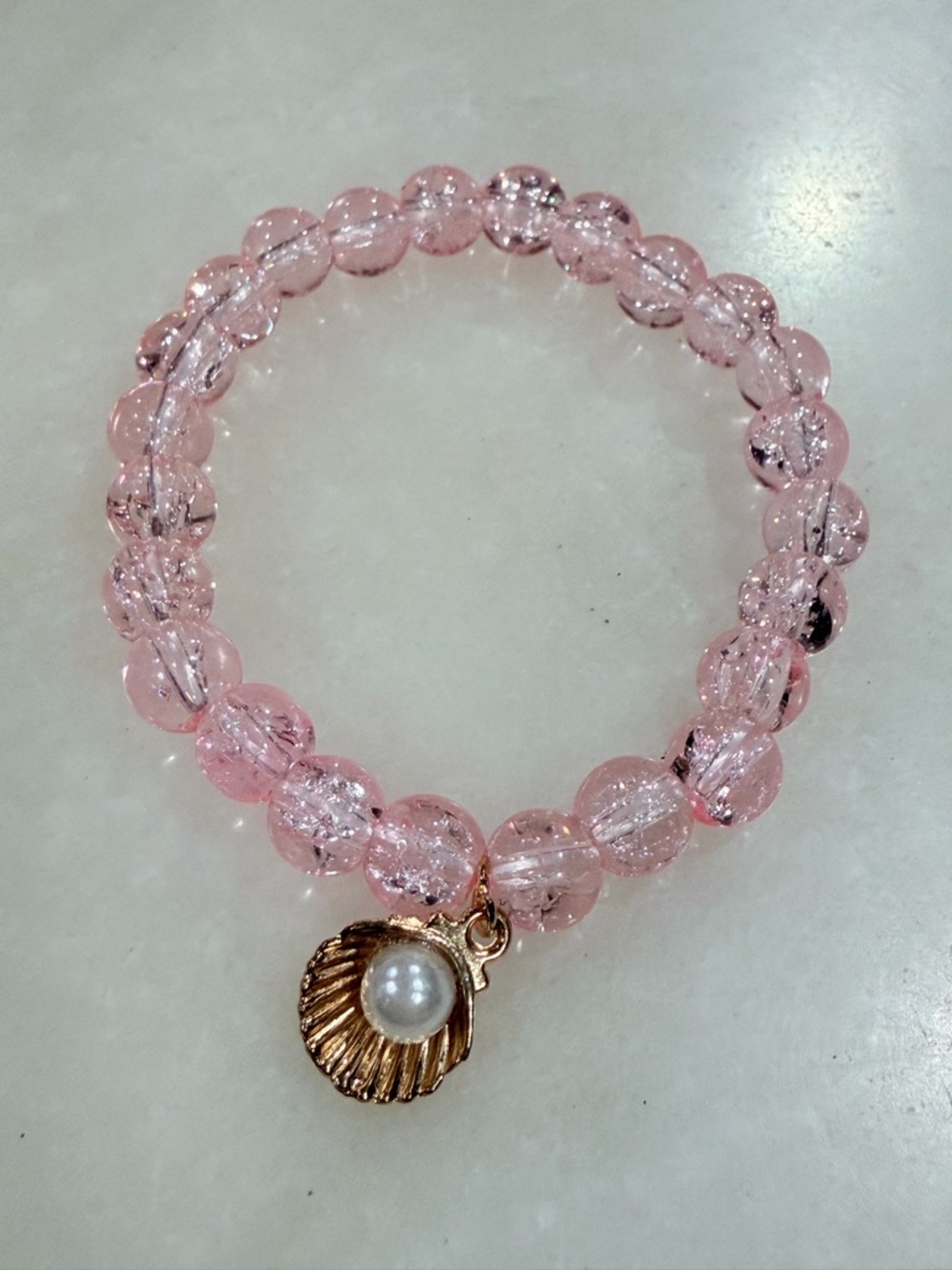 Gold Shell & Pearl Charm Pink Beaded Stretch Bracelet